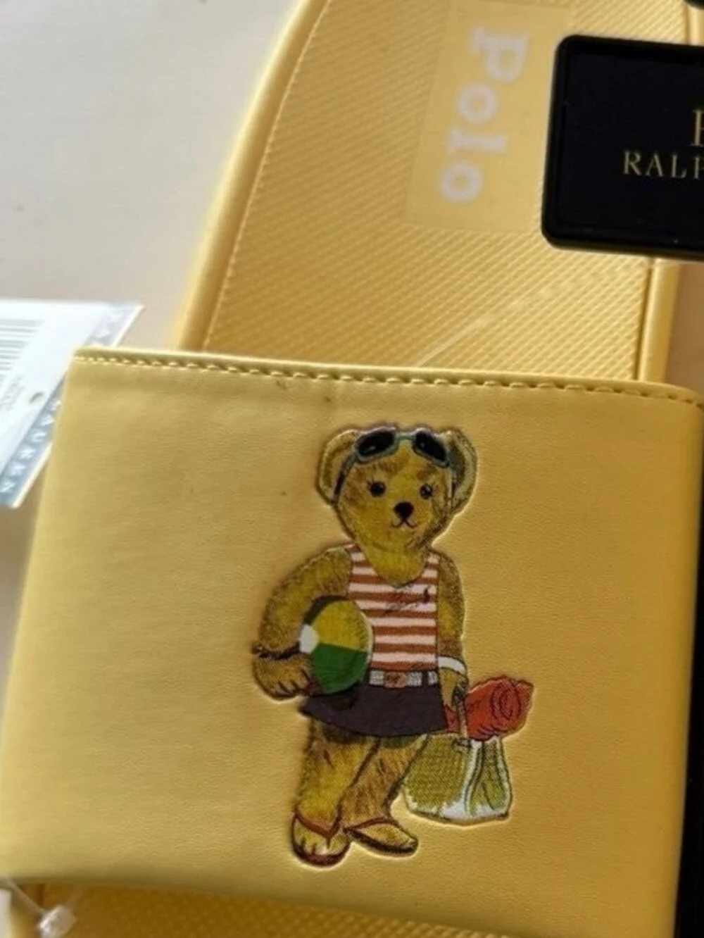 Polo by Ralph Lauren Kids' Cayson Yellow Teddy Bear Slide Sandals